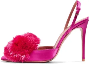 Divanne Pumps for Women,Puff Pompom High Heels Pointed Toe Slingback Pumps Stiletto Heel Sandals Evening Party Wedding Shoes