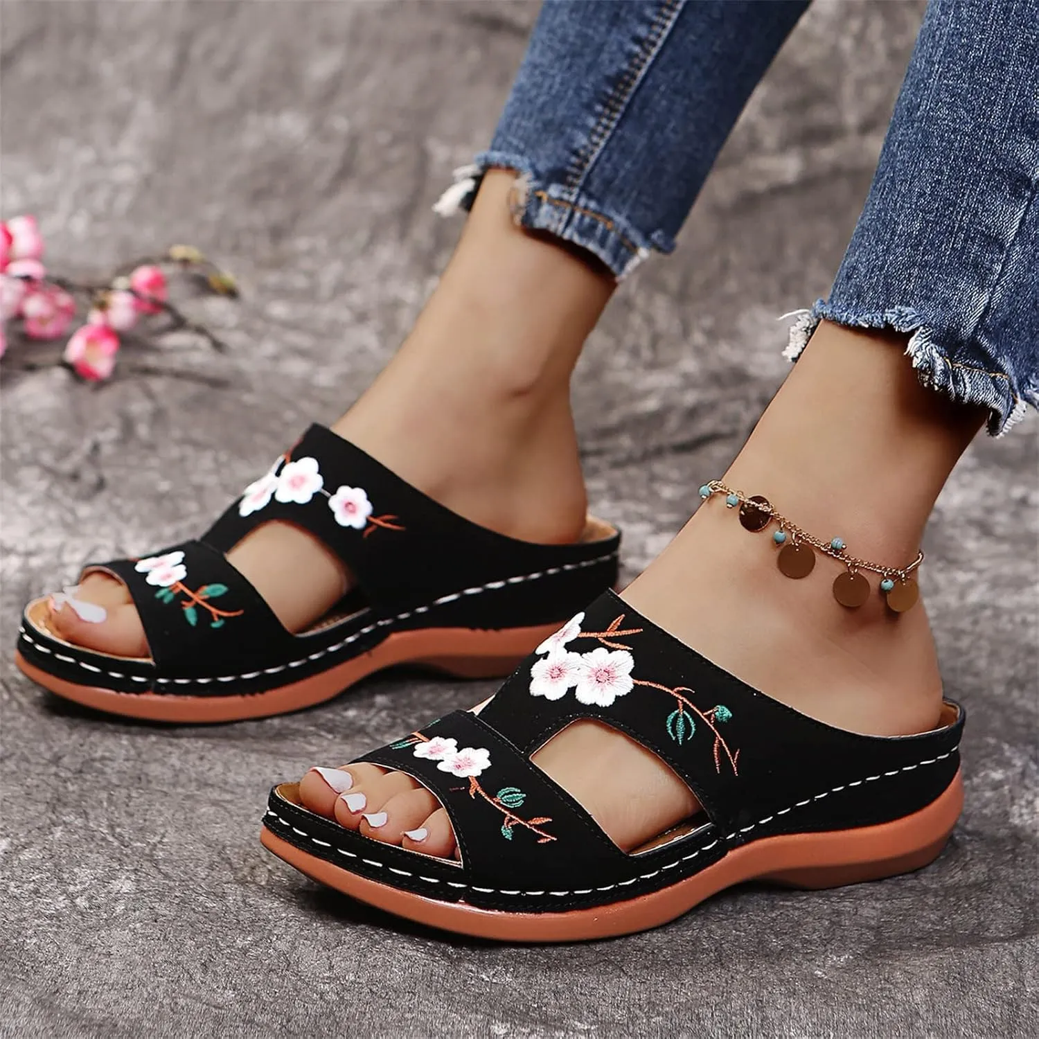 DOIX Women's Embroidered Sandals Comfort Suede Flowers Slip on Loafer Shoes Beach Casual Flats Slippers Summer Open Toe Wedge Sandals Outdoor Walking Shoes,Black,US9/EU40