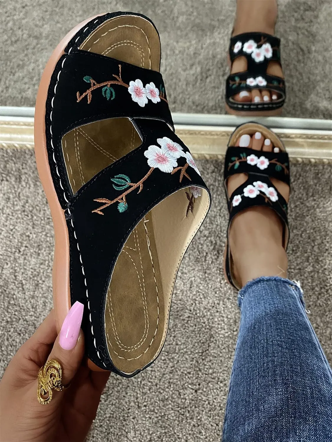 DOIX Women's Embroidered Sandals Comfort Suede Flowers Slip on Loafer Shoes Beach Casual Flats Slippers Summer Open Toe Wedge Sandals Outdoor Walking Shoes,Black,US9/EU40