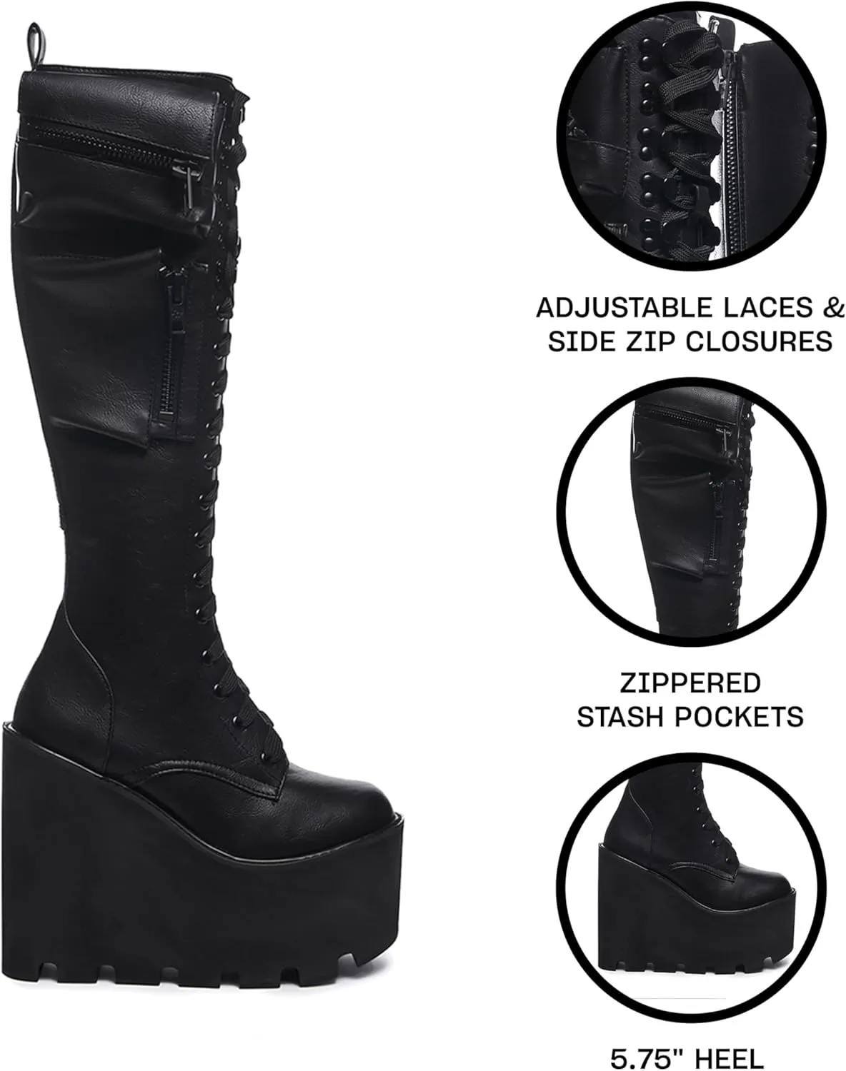 Dolls Kill Obsidian Pocket Platform Boots by Current Mood – Vegan Leather Knee High Boots for Grunge Fashion
