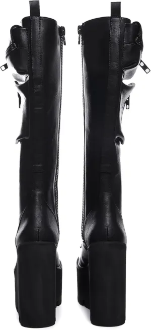 Dolls Kill Obsidian Pocket Platform Boots by Current Mood – Vegan Leather Knee High Boots for Grunge Fashion