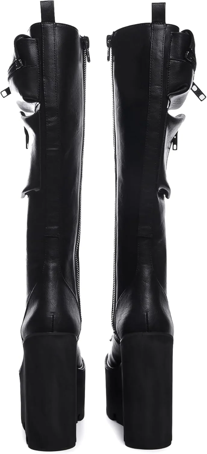 Dolls Kill Obsidian Pocket Platform Boots by Current Mood – Vegan Leather Knee High Boots for Grunge Fashion
