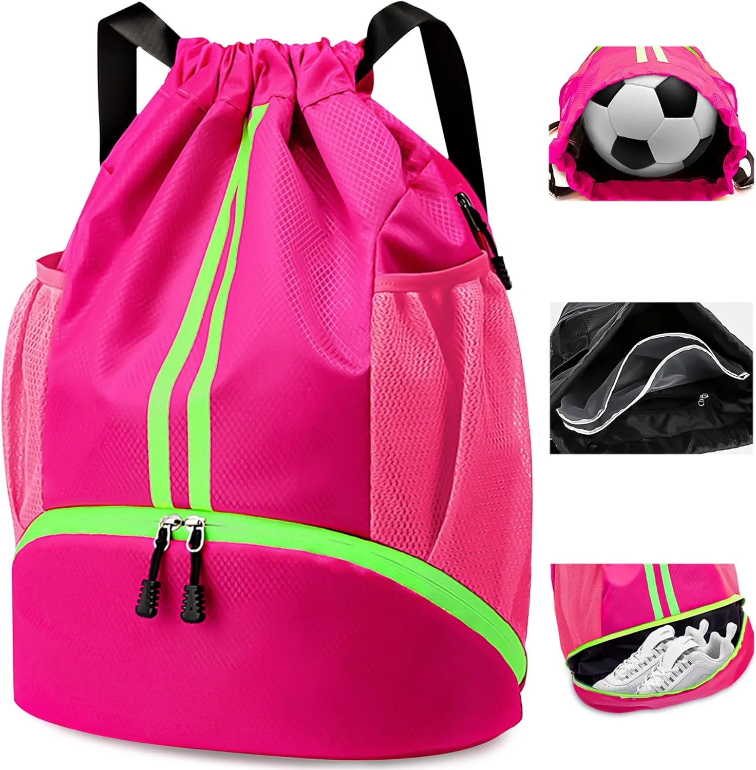 Drawstring Backpack Gym Bag for Women, String Bags Sports Cinch Sackpack with Shoe Compartment and Waterproof Wet Pocket Large Gym Sack for Fitness Swim Basketball Soccer Beach (Pink)
