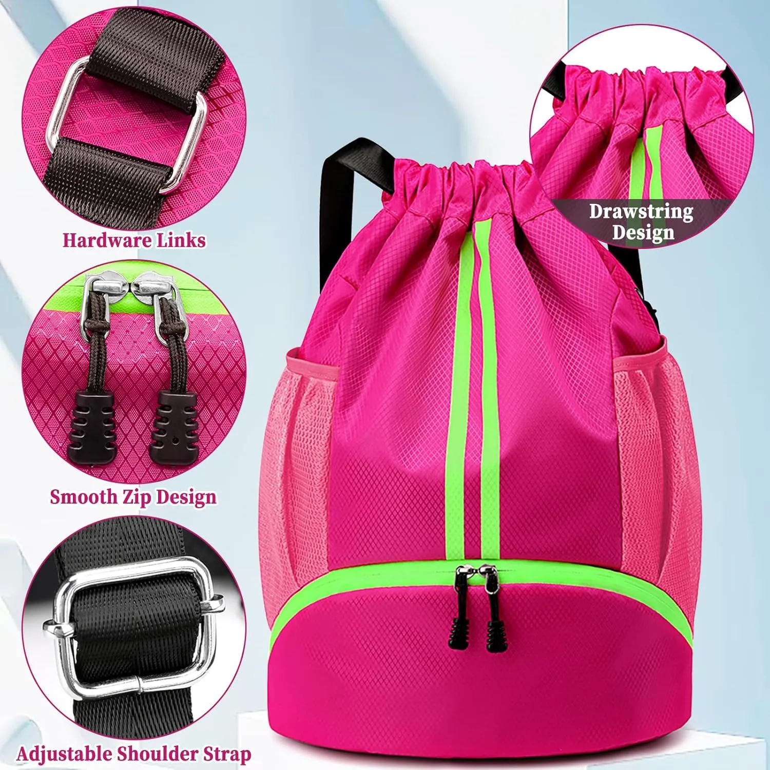 Drawstring Backpack Gym Bag for Women, String Bags Sports Cinch Sackpack with Shoe Compartment and Waterproof Wet Pocket Large Gym Sack for Fitness Swim Basketball Soccer Beach (Pink)
