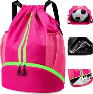 Drawstring Backpack Gym Bag for Women, String Bags Sports Cinch Sackpack with Shoe Compartment and Waterproof Wet Pocket Large Gym Sack for Fitness Swim Basketball Soccer Beach (Pink)