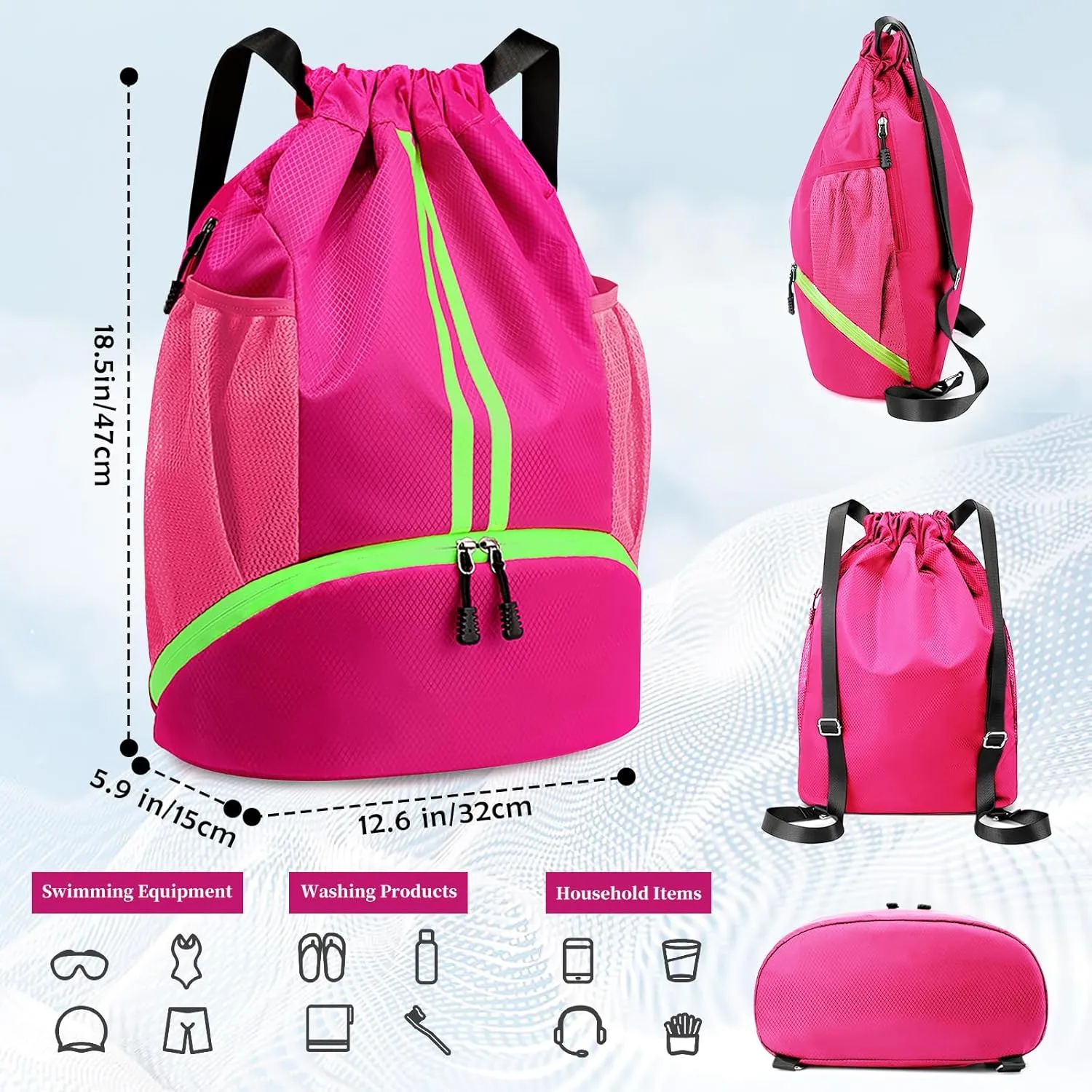 Drawstring Backpack Gym Bag for Women, String Bags Sports Cinch Sackpack with Shoe Compartment and Waterproof Wet Pocket Large Gym Sack for Fitness Swim Basketball Soccer Beach (Pink)