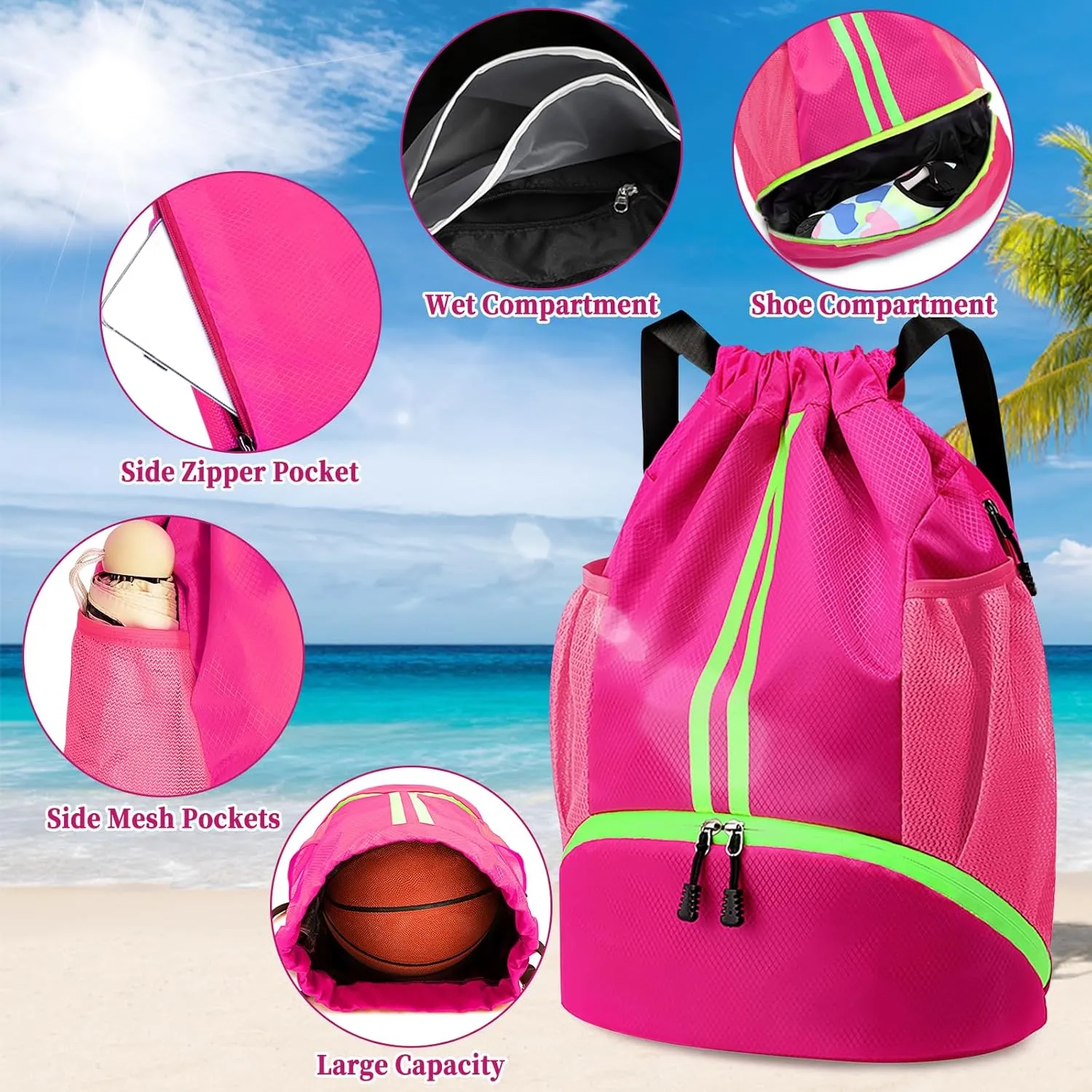 Drawstring Backpack Gym Bag for Women, String Bags Sports Cinch Sackpack with Shoe Compartment and Waterproof Wet Pocket Large Gym Sack for Fitness Swim Basketball Soccer Beach (Pink)