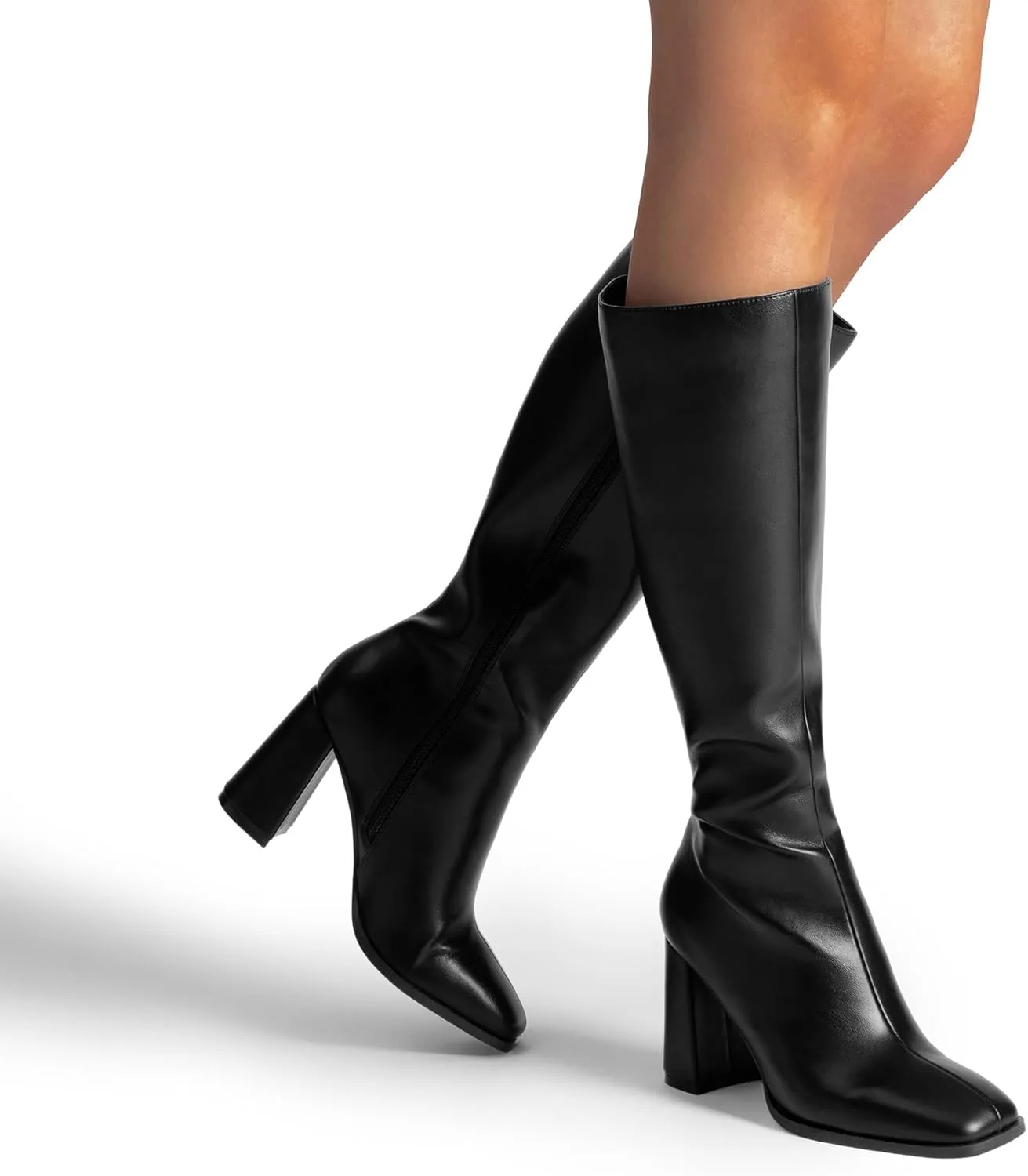 DREAM PAIRS Knee High Boots for Women Square Toe Gogo Chunky Heel with Side Zip