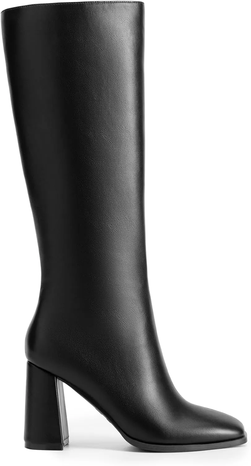 DREAM PAIRS Knee High Boots for Women Square Toe Gogo Chunky Heel with Side Zip