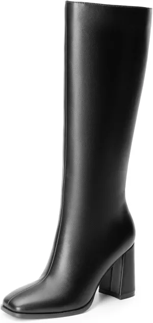 DREAM PAIRS Knee High Boots for Women Square Toe Gogo Chunky Heel with Side Zip