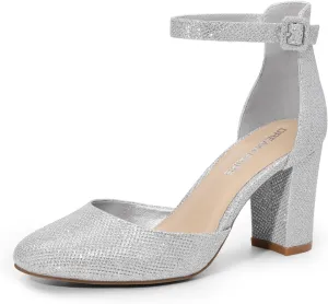 DREAM PAIRS Women's Closed Toe Chunky Heels Ankle Strap Low Block Heels Round Toe Dress Bridal Wedding Pumps Shoes