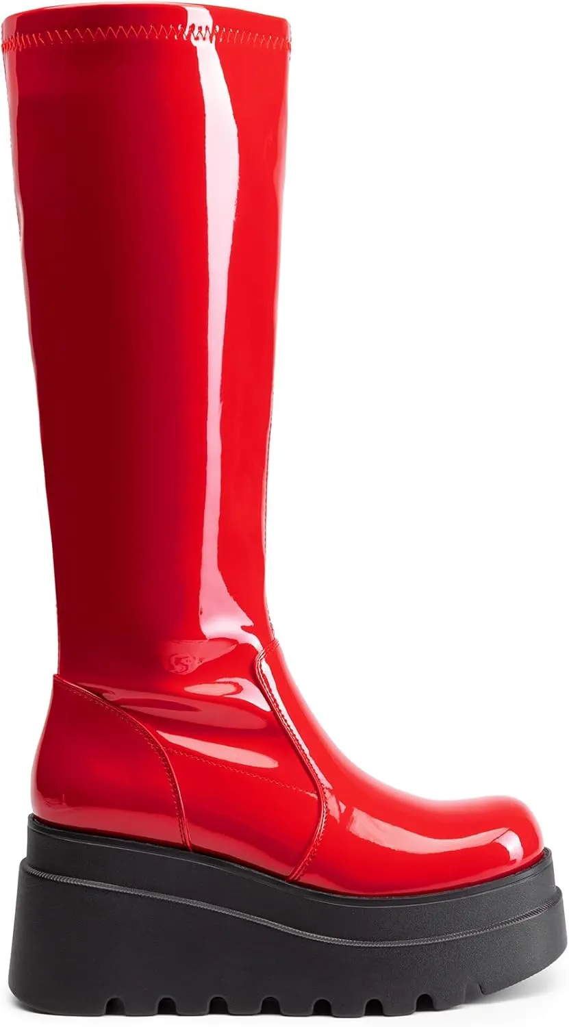 DREAM PAIRS Women's Knee High Boots Wedge Platform Chunky Heel Round Toe Side Zipper Fashion Long Tall Sock Boots