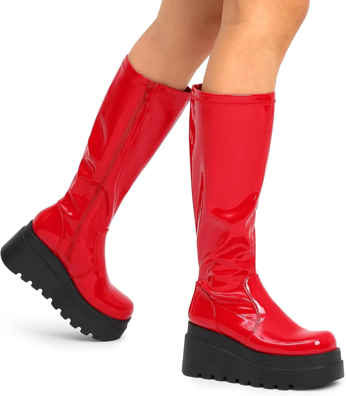 DREAM PAIRS Women's Knee High Boots Wedge Platform Chunky Heel Round Toe Side Zipper Fashion Long Tall Sock Boots