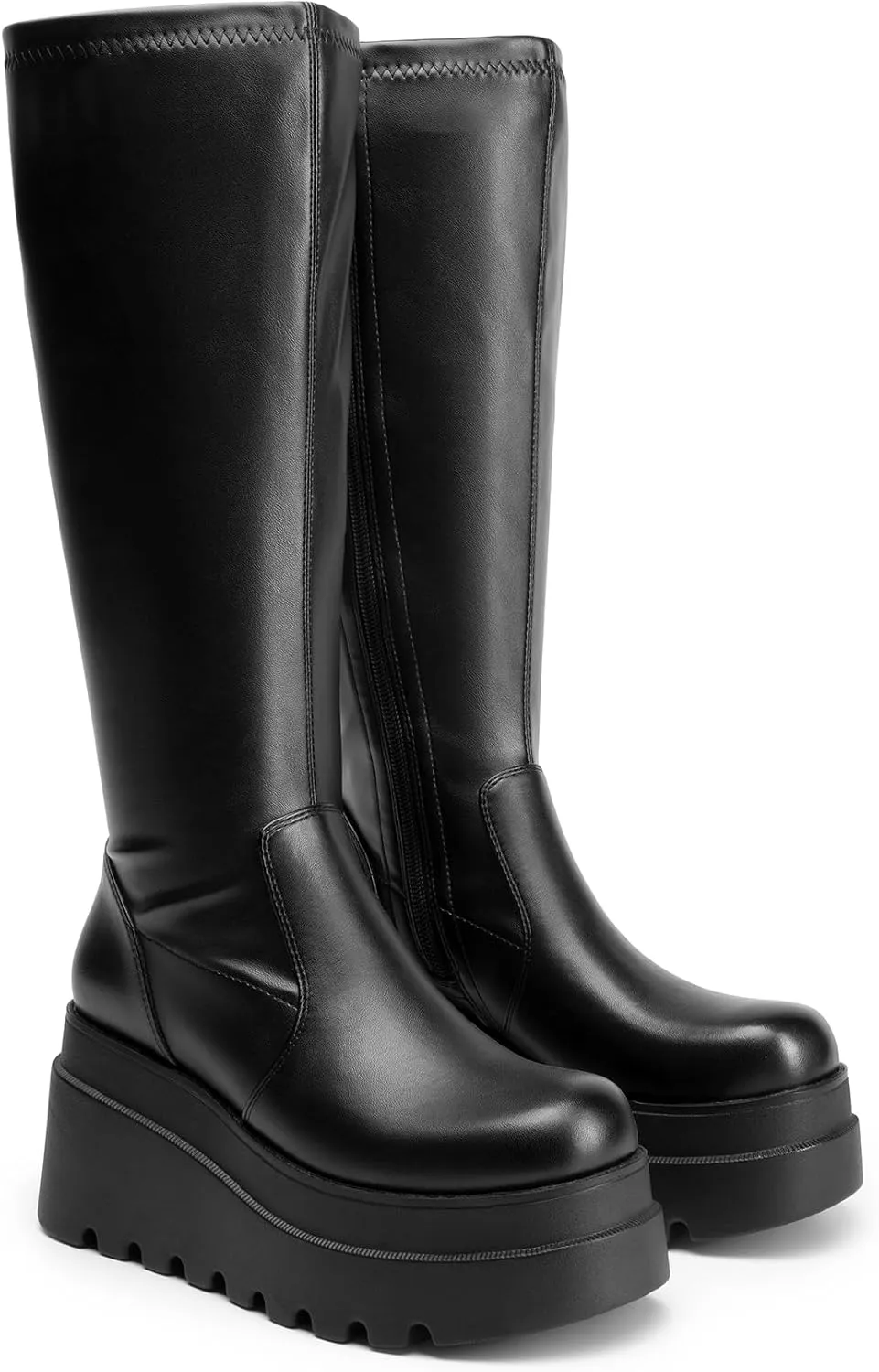 DREAM PAIRS Women's Knee High Boots Wedge Platform Chunky Heel Round Toe Side Zipper Fashion Long Tall Sock Boots