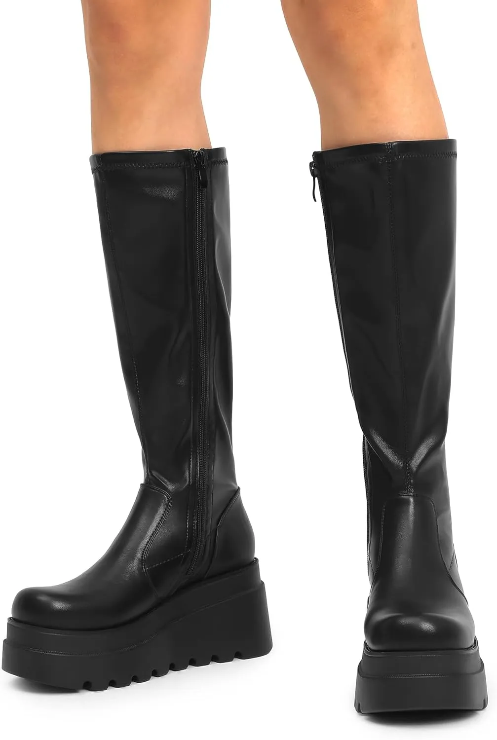 DREAM PAIRS Women's Knee High Boots Wedge Platform Chunky Heel Round Toe Side Zipper Fashion Long Tall Sock Boots