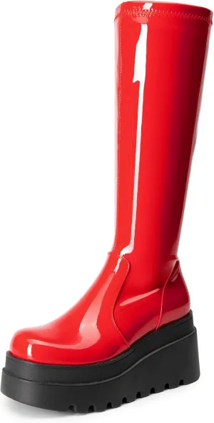 DREAM PAIRS Women's Knee High Boots Wedge Platform Chunky Heel Round Toe Side Zipper Fashion Long Tall Sock Boots
