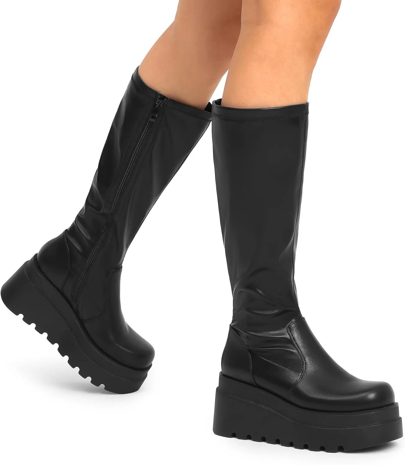 DREAM PAIRS Women's Knee High Boots Wedge Platform Chunky Heel Round Toe Side Zipper Fashion Long Tall Sock Boots