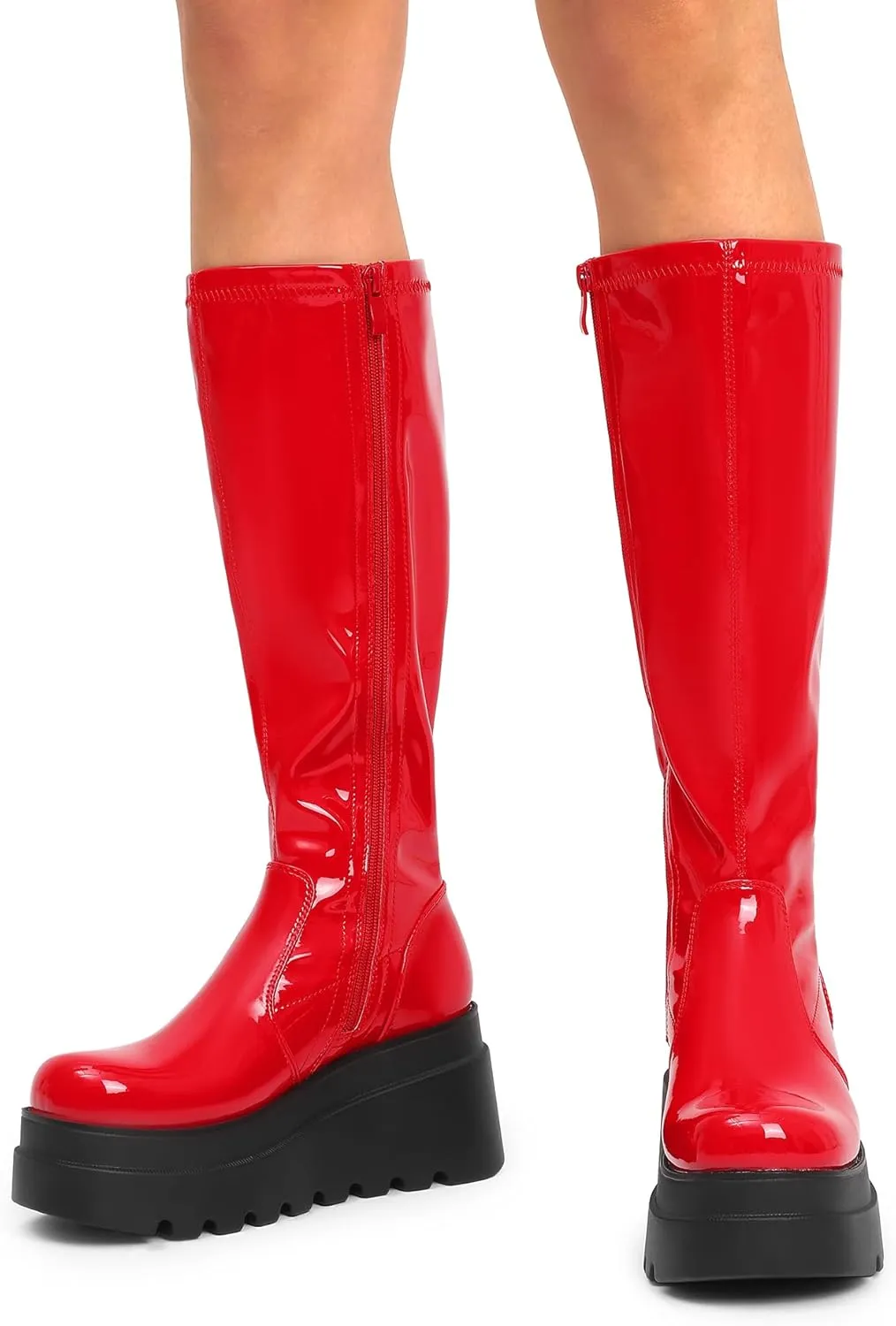 DREAM PAIRS Women's Knee High Boots Wedge Platform Chunky Heel Round Toe Side Zipper Fashion Long Tall Sock Boots