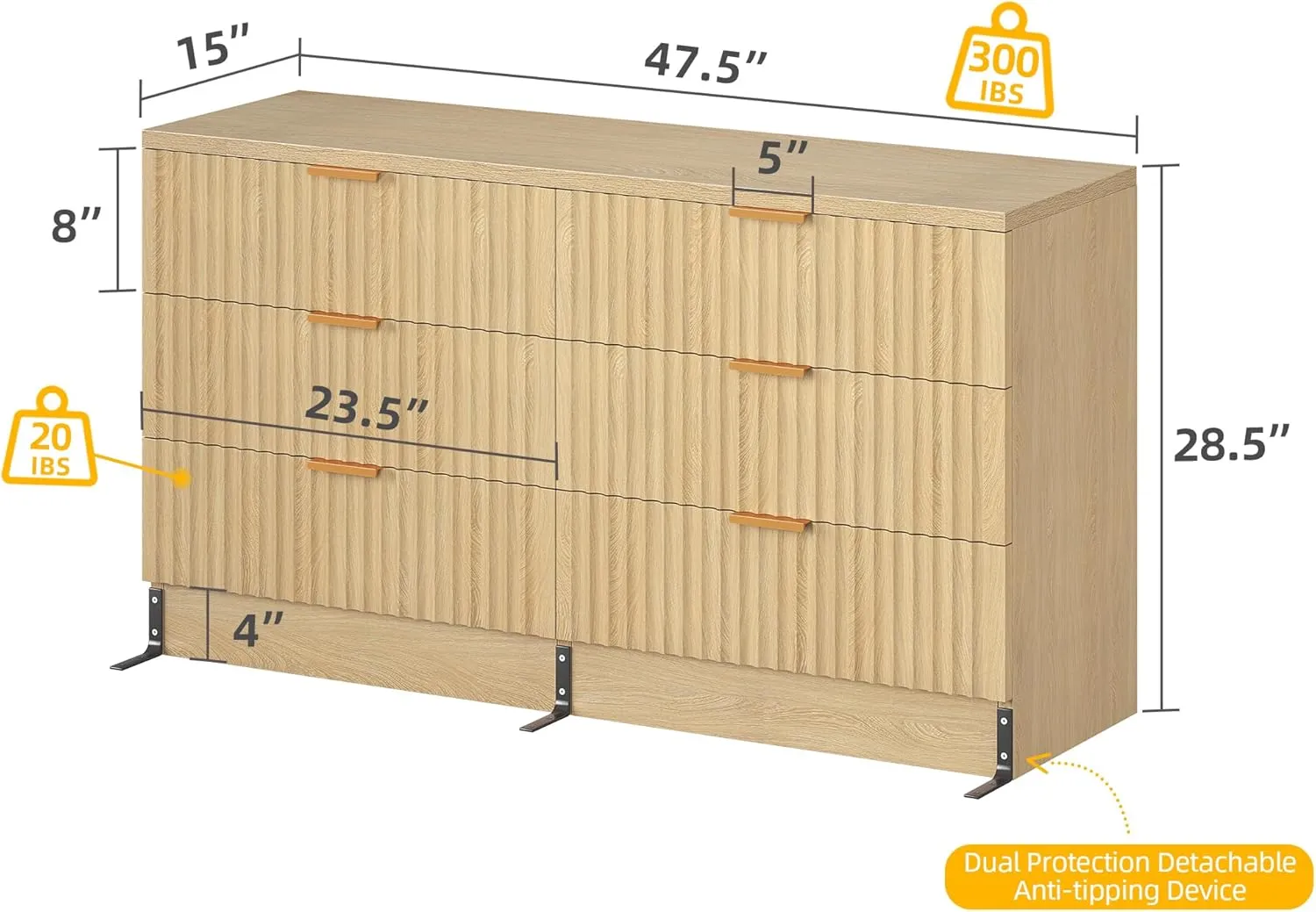 DWVO 6-Drawer Dressers, Chest of Drawers with Fluted Panel, Wide Versatile Storage Dresser Organizer for Living Room, Kitchen and Office, Natural