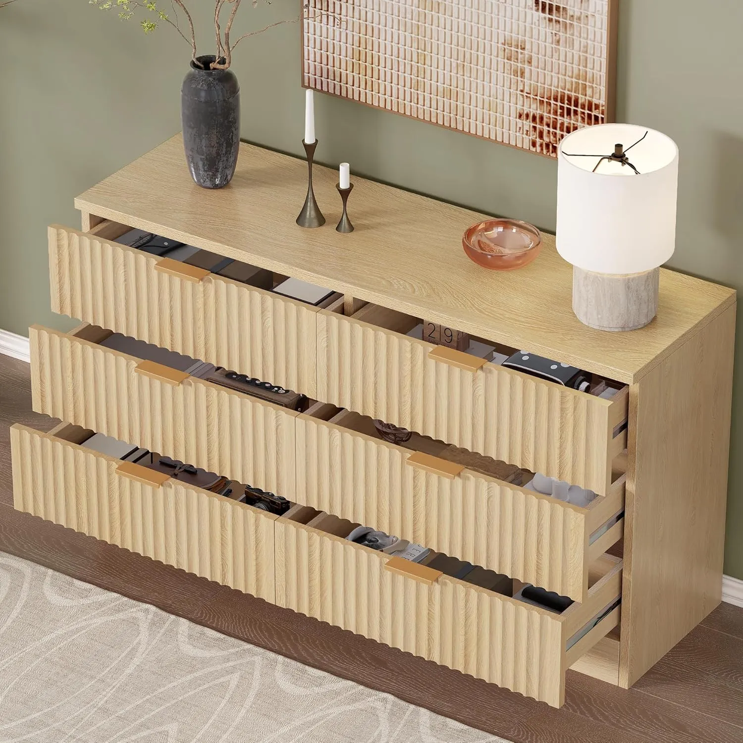 DWVO 6-Drawer Dressers, Chest of Drawers with Fluted Panel, Wide Versatile Storage Dresser Organizer for Living Room, Kitchen and Office, Natural