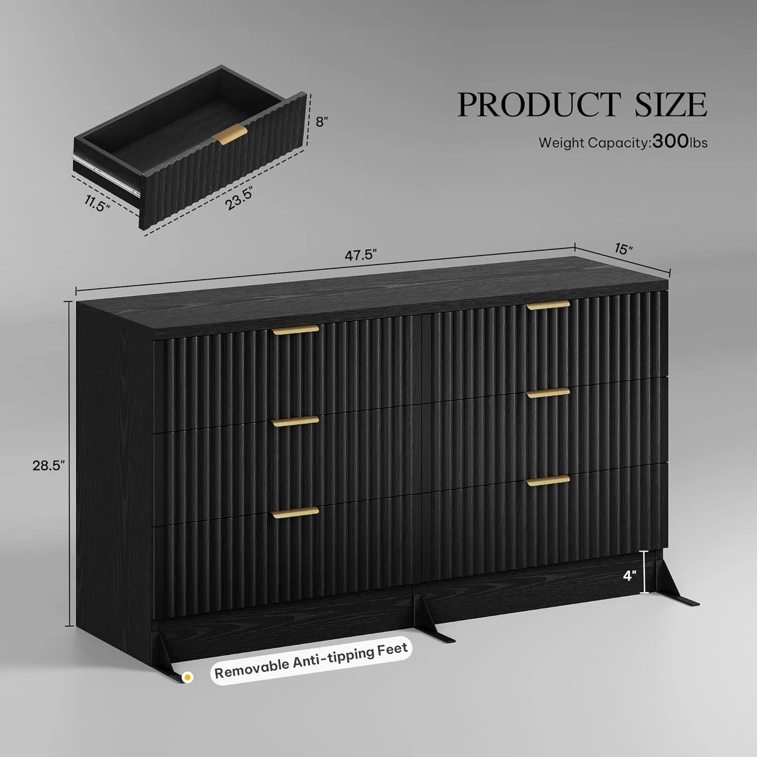 DWVO 6 Drawer Dressers, High Gloss White Dressers Drawers with Fluted Panel, Wide Versatile TV Stand Cabinet Table for Kitchen and Office, Black