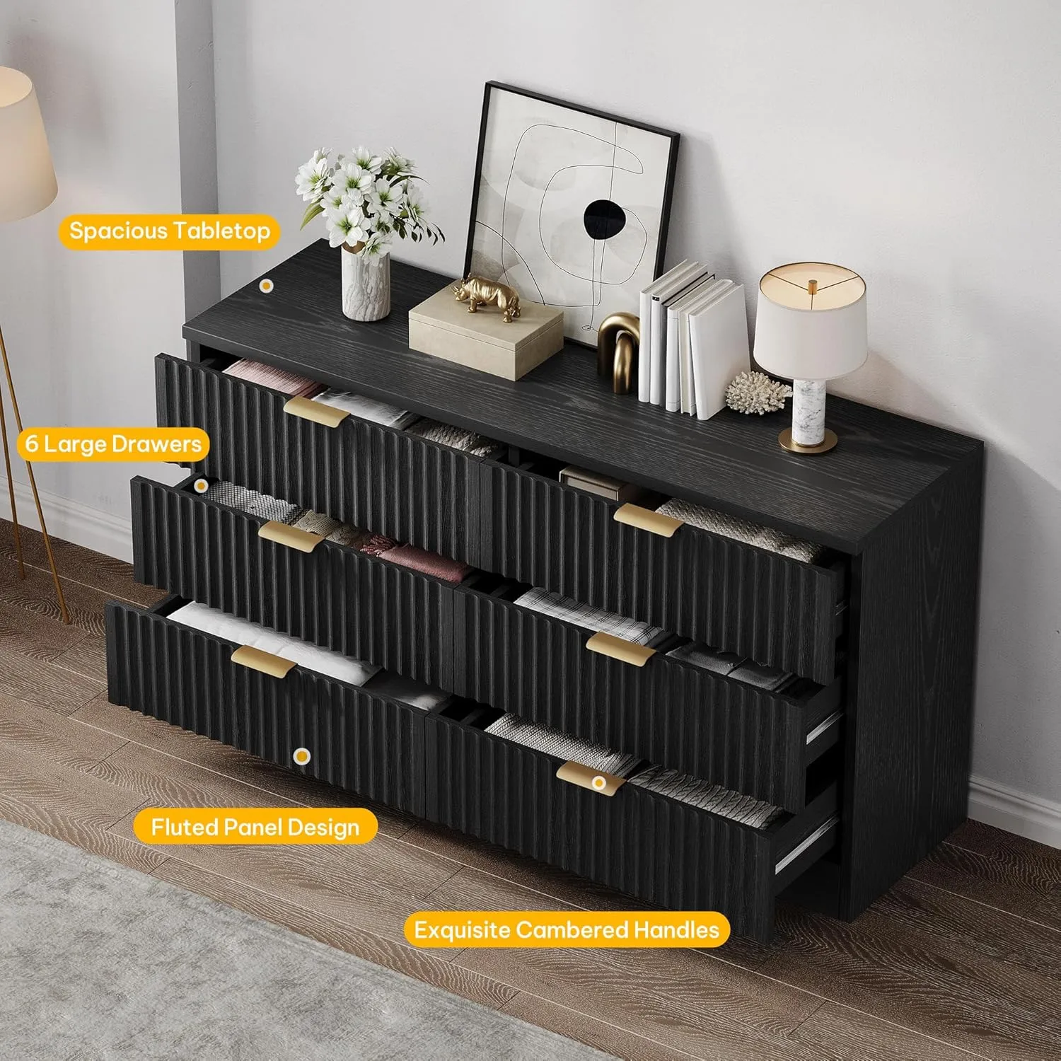 DWVO 6 Drawer Dressers, High Gloss White Dressers Drawers with Fluted Panel, Wide Versatile TV Stand Cabinet Table for Kitchen and Office, Black