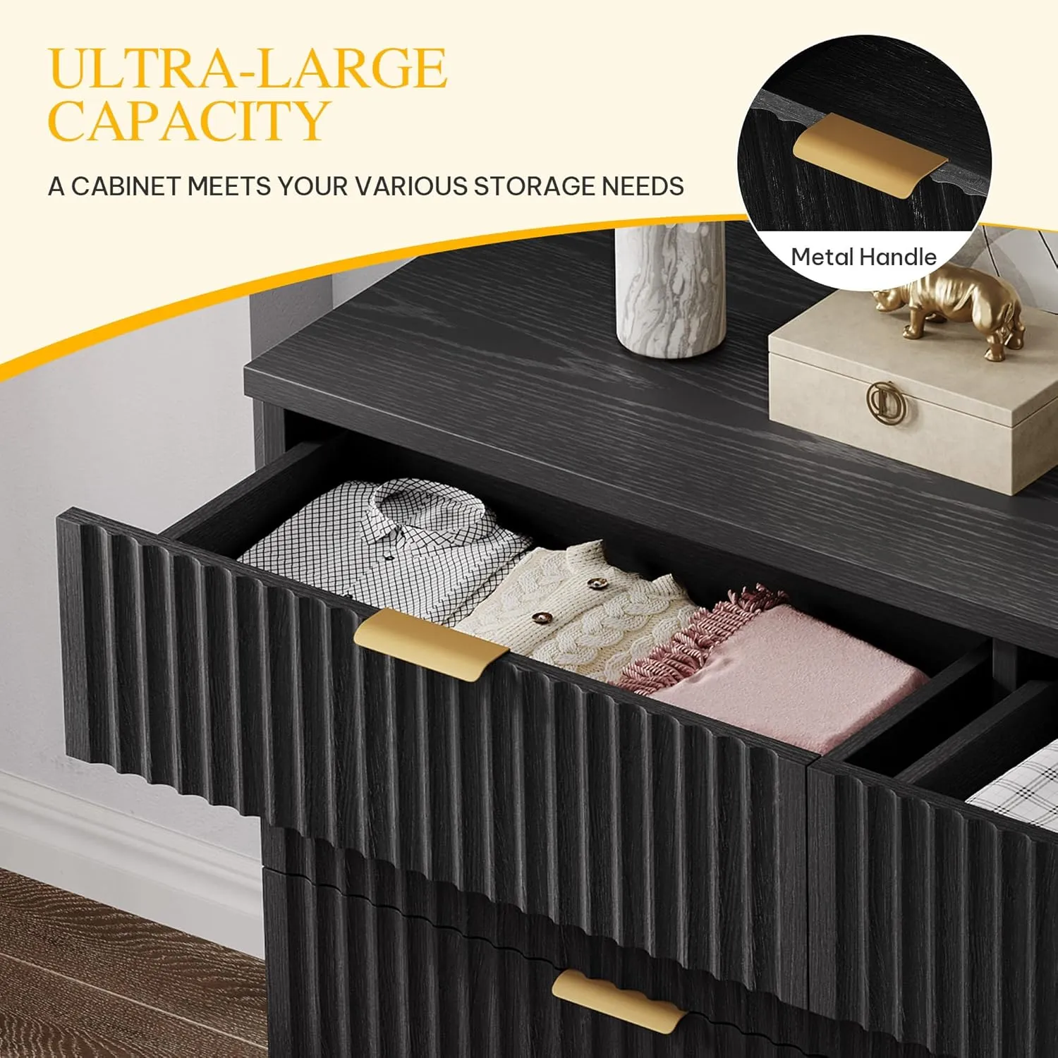 DWVO 6 Drawer Dressers, High Gloss White Dressers Drawers with Fluted Panel, Wide Versatile TV Stand Cabinet Table for Kitchen and Office, Black