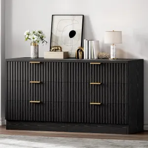 DWVO 6 Drawer Dressers, High Gloss White Dressers Drawers with Fluted Panel, Wide Versatile TV Stand Cabinet Table for Kitchen and Office, Black