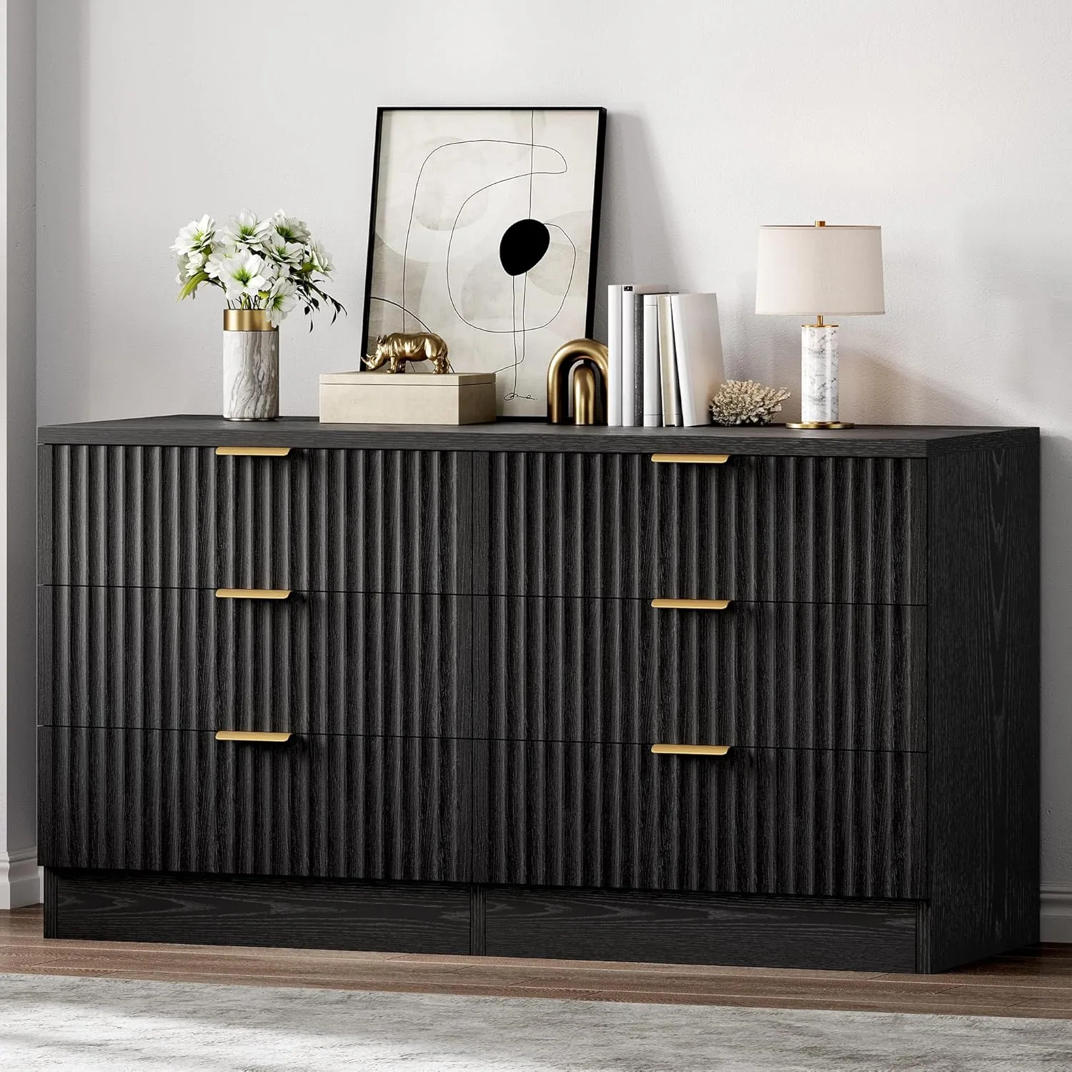 DWVO 6 Drawer Dressers, High Gloss White Dressers Drawers with Fluted Panel, Wide Versatile TV Stand Cabinet Table for Kitchen and Office, Black