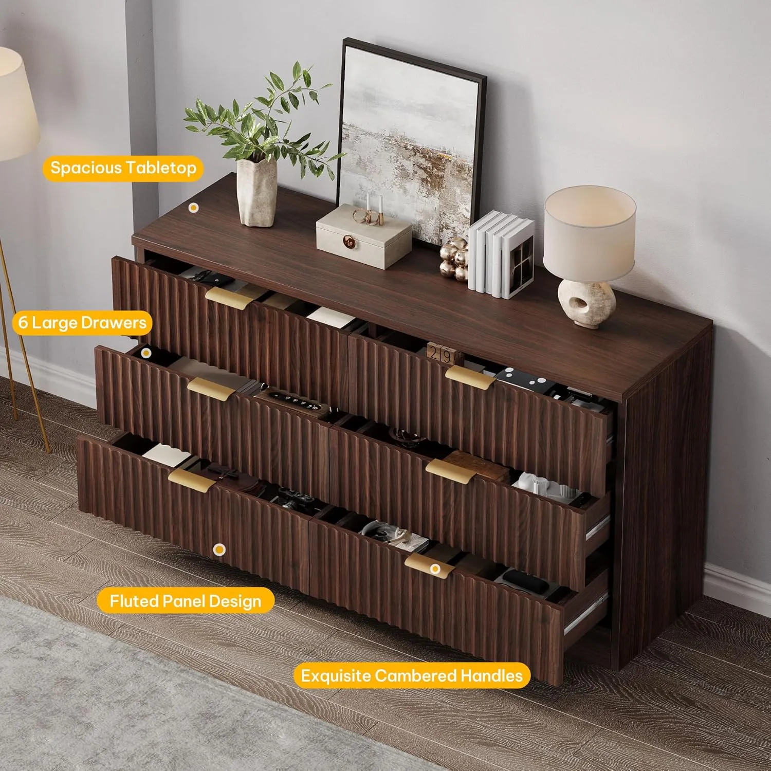 DWVO 6 Drawer Dressers, High Gloss White Dressers Drawers with Fluted Panel, Wide Versatile TV Stand Cabinet Table for Kitchen and Office, Walnut