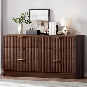 DWVO 6 Drawer Dressers, High Gloss White Dressers Drawers with Fluted Panel, Wide Versatile TV Stand Cabinet Table for Kitchen and Office, Walnut