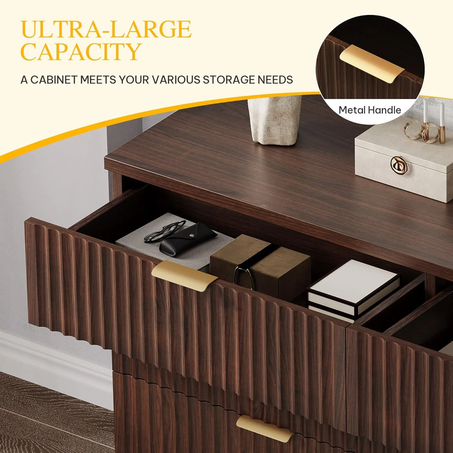 DWVO 6 Drawer Dressers, High Gloss White Dressers Drawers with Fluted Panel, Wide Versatile TV Stand Cabinet Table for Kitchen and Office, Walnut