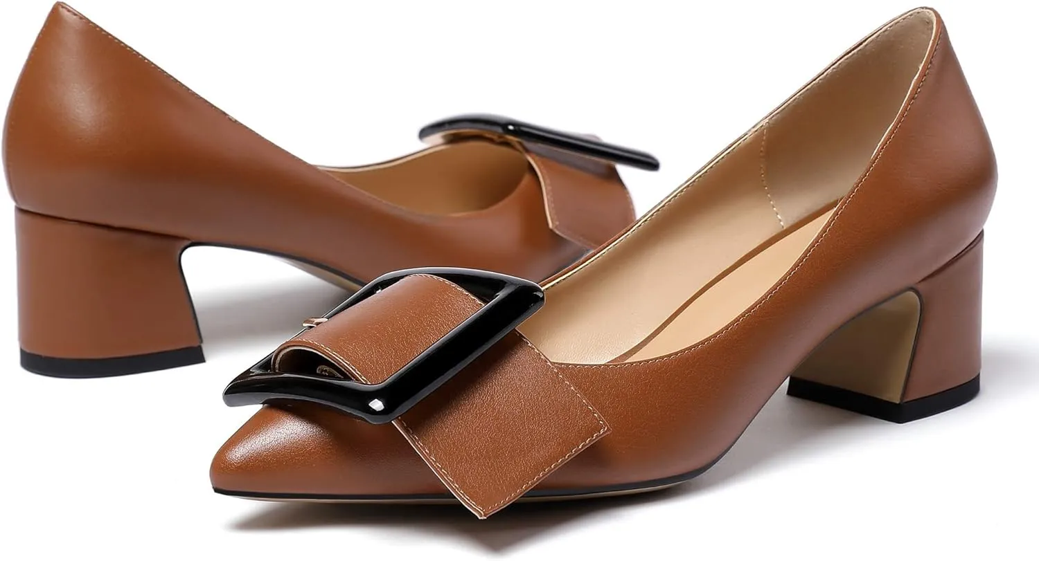 Eldof Pointed Toe Pumps,Classy 2 Inches Block Heel Chic Pumps, Confort Buckle Heel for Office Wedding Dress