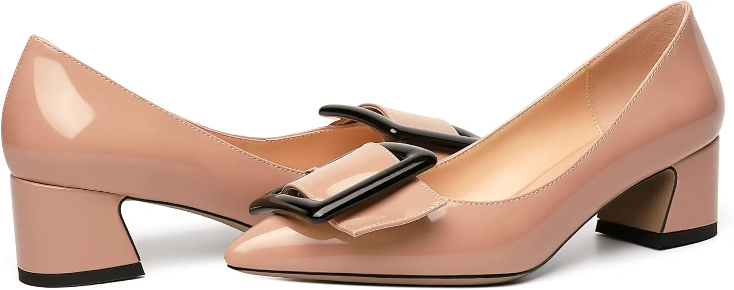 Eldof Pointed Toe Pumps,Classy 2 Inches Block Heel Chic Pumps, Confort Buckle Heel for Office Wedding Dress