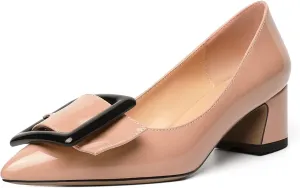 Eldof Pointed Toe Pumps,Classy 2 Inches Block Heel Chic Pumps, Confort Buckle Heel for Office Wedding Dress
