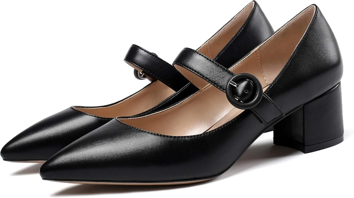 Eldof Women's Block Heels Chic Mary Jane Pointed Toe Chunky Pumps Dressy Office Wedding Shoes 2 Inches
