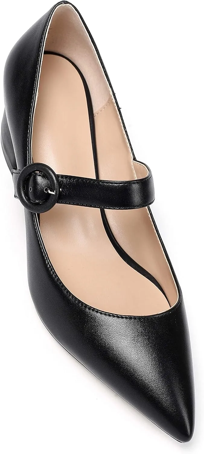 Eldof Women's Block Heels Chic Mary Jane Pointed Toe Chunky Pumps Dressy Office Wedding Shoes 2 Inches