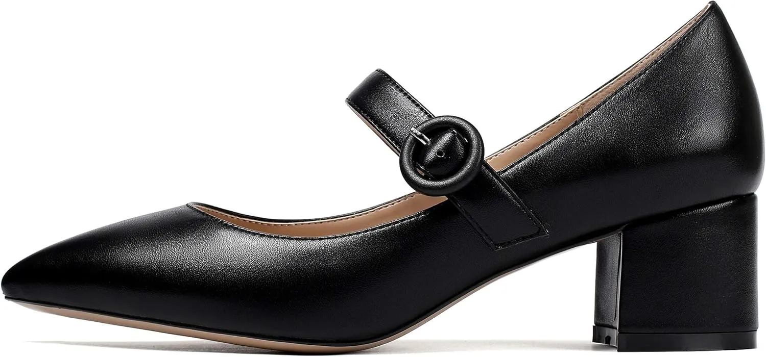 Eldof Women's Block Heels Chic Mary Jane Pointed Toe Chunky Pumps Dressy Office Wedding Shoes 2 Inches