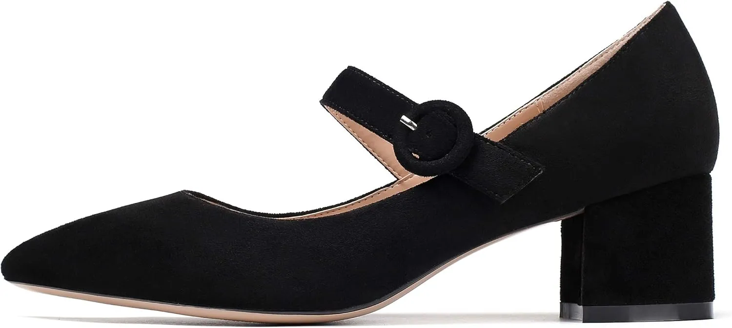 Eldof Women's Block Heels Chic Mary Jane Pointed Toe Chunky Pumps Dressy Office Wedding Shoes 2 Inches