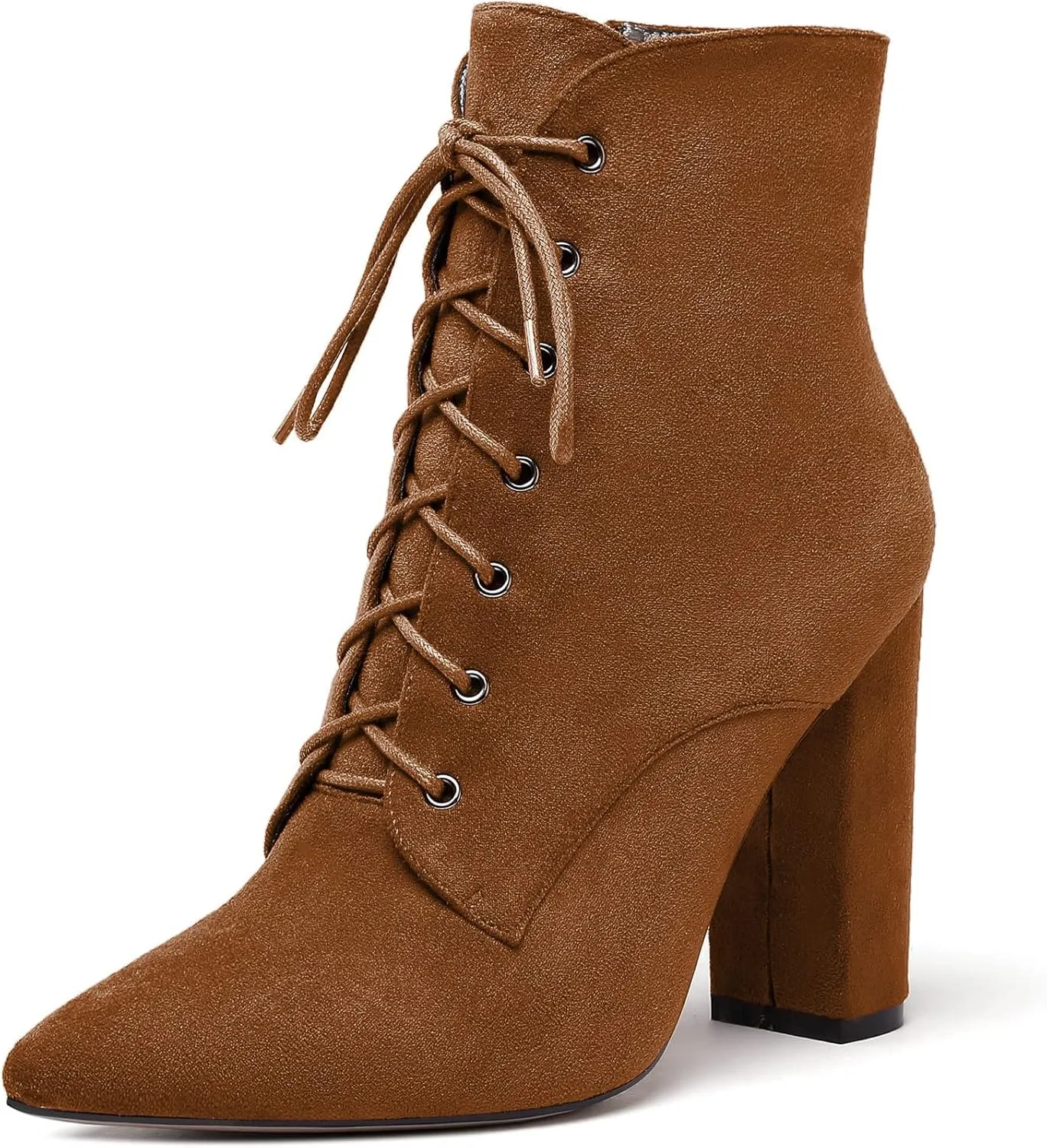 Eldof Women's Chunky Block 4 Inch High Heel Ankle Booties Pointed Toe Lace Up Side Zipper Chic Boots