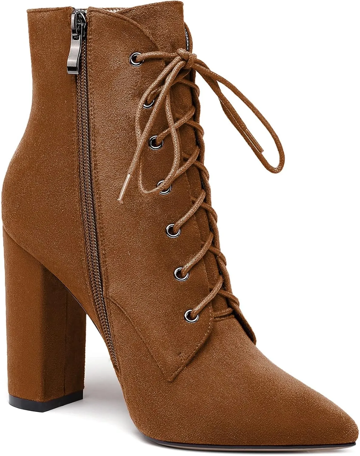 Eldof Women's Chunky Block 4 Inch High Heel Ankle Booties Pointed Toe Lace Up Side Zipper Chic Boots