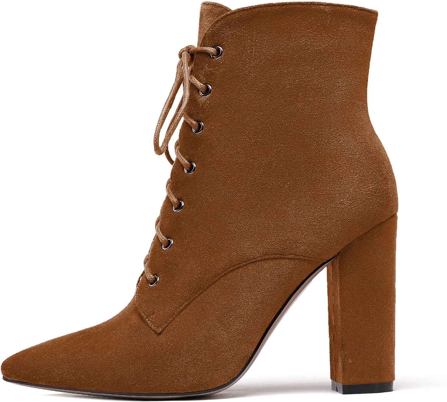 Eldof Women's Chunky Block 4 Inch High Heel Ankle Booties Pointed Toe Lace Up Side Zipper Chic Boots