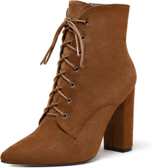 Eldof Women's Chunky Block 4 Inch High Heel Ankle Booties Pointed Toe Lace Up Side Zipper Chic Boots