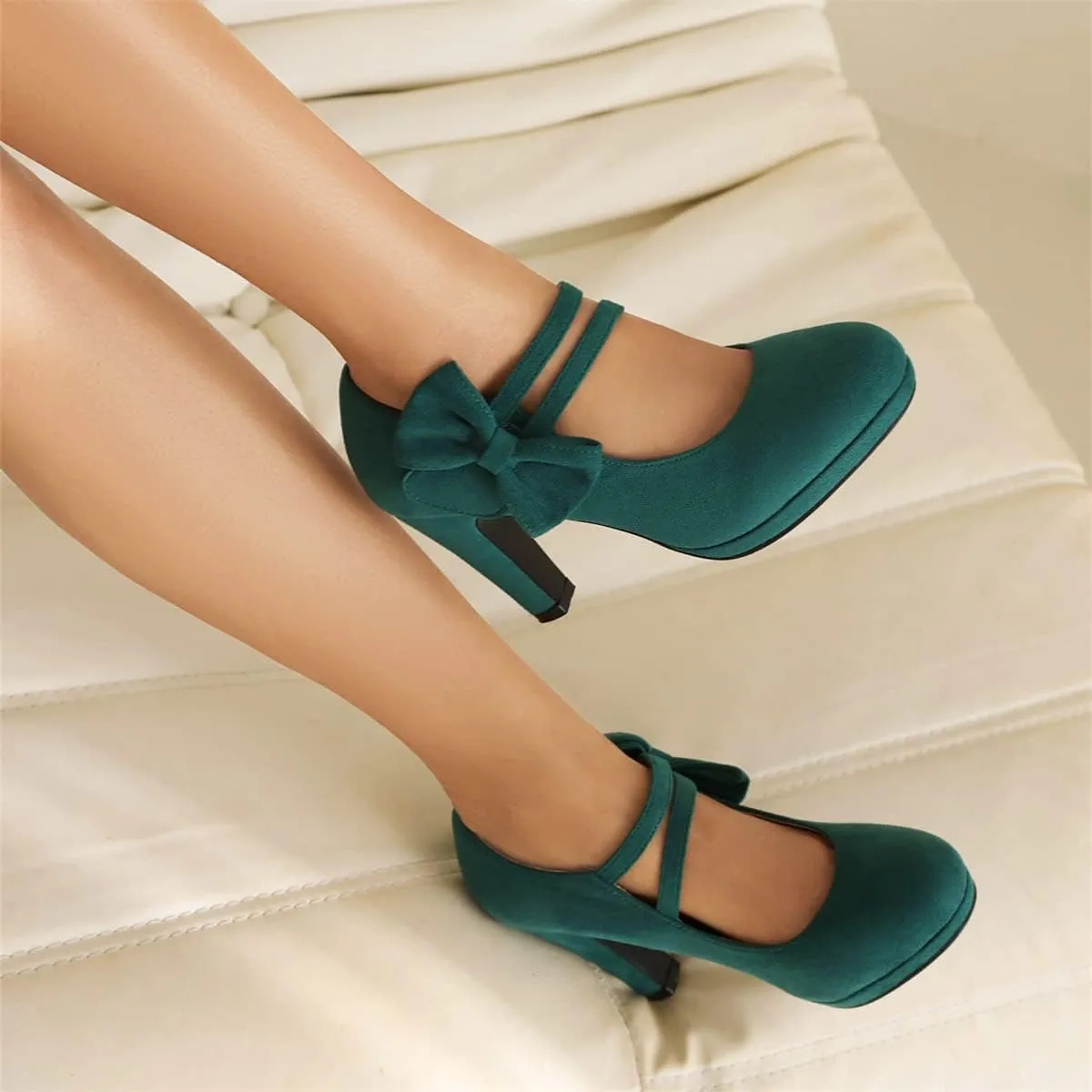 Elerhythm Women's Mary Jane Heels with Bow Retro Closed Round Toe Pumps Suede Chic Bowtie Vintage Gatsby Sweet Office Dress Daily Shoes