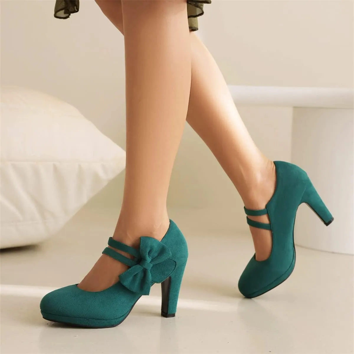 Elerhythm Women's Mary Jane Heels with Bow Retro Closed Round Toe Pumps Suede Chic Bowtie Vintage Gatsby Sweet Office Dress Daily Shoes