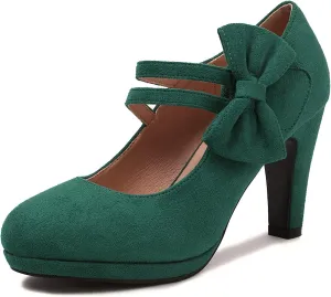 Elerhythm Women's Mary Jane Heels with Bow Retro Closed Round Toe Pumps Suede Chic Bowtie Vintage Gatsby Sweet Office Dress Daily Shoes