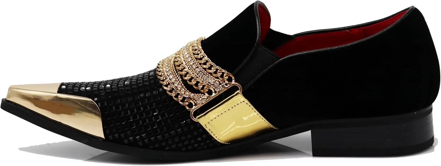 Enzo Romeo Crisino Men Rhinestone Chrome Toe Suede Pointy Buckle Dress Loafer Slip On Shoes