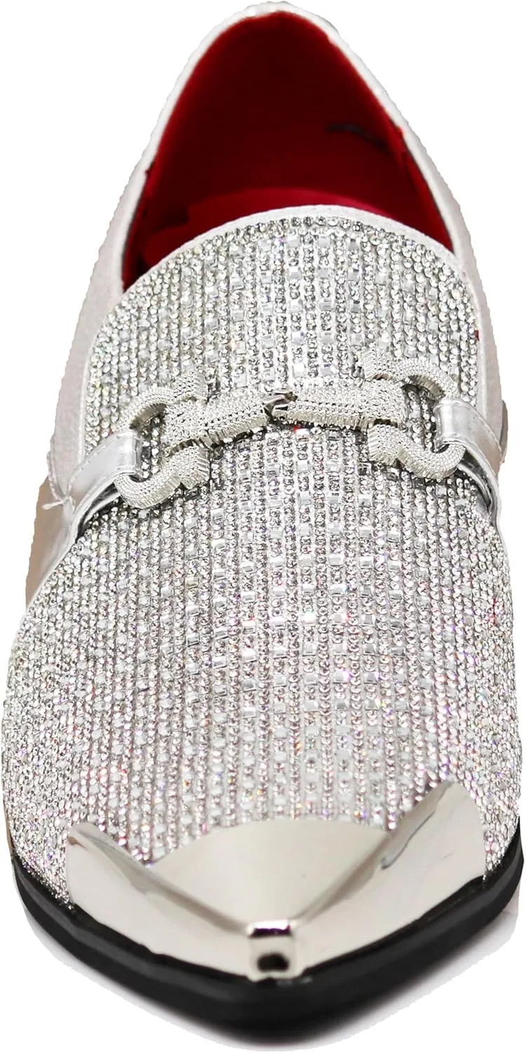 Enzo Romeo Crisino Men Rhinestone Chrome Toe Suede Pointy Buckle Dress Loafer Slip On Shoes