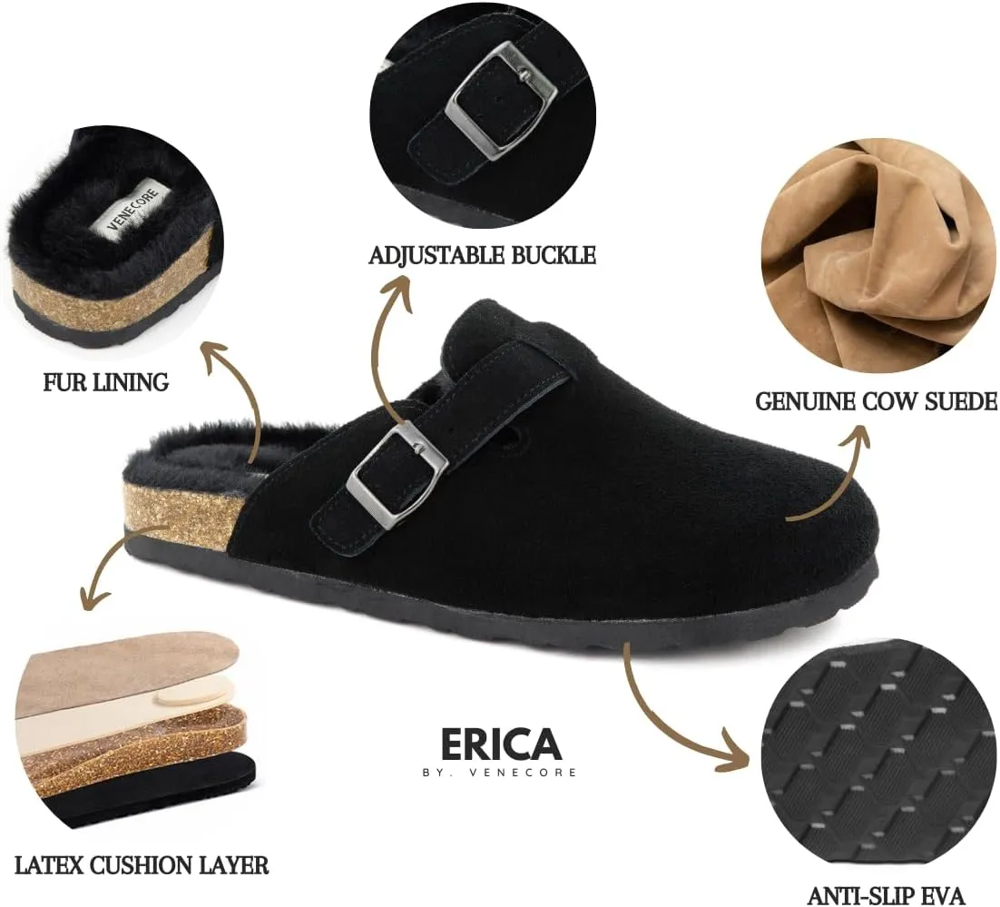 Erica Women's Cork Footbed Clogs Genuine Soft Suede Fuzzy Faux Fur Lined Comfort Cushioned Mule Slide Shoes