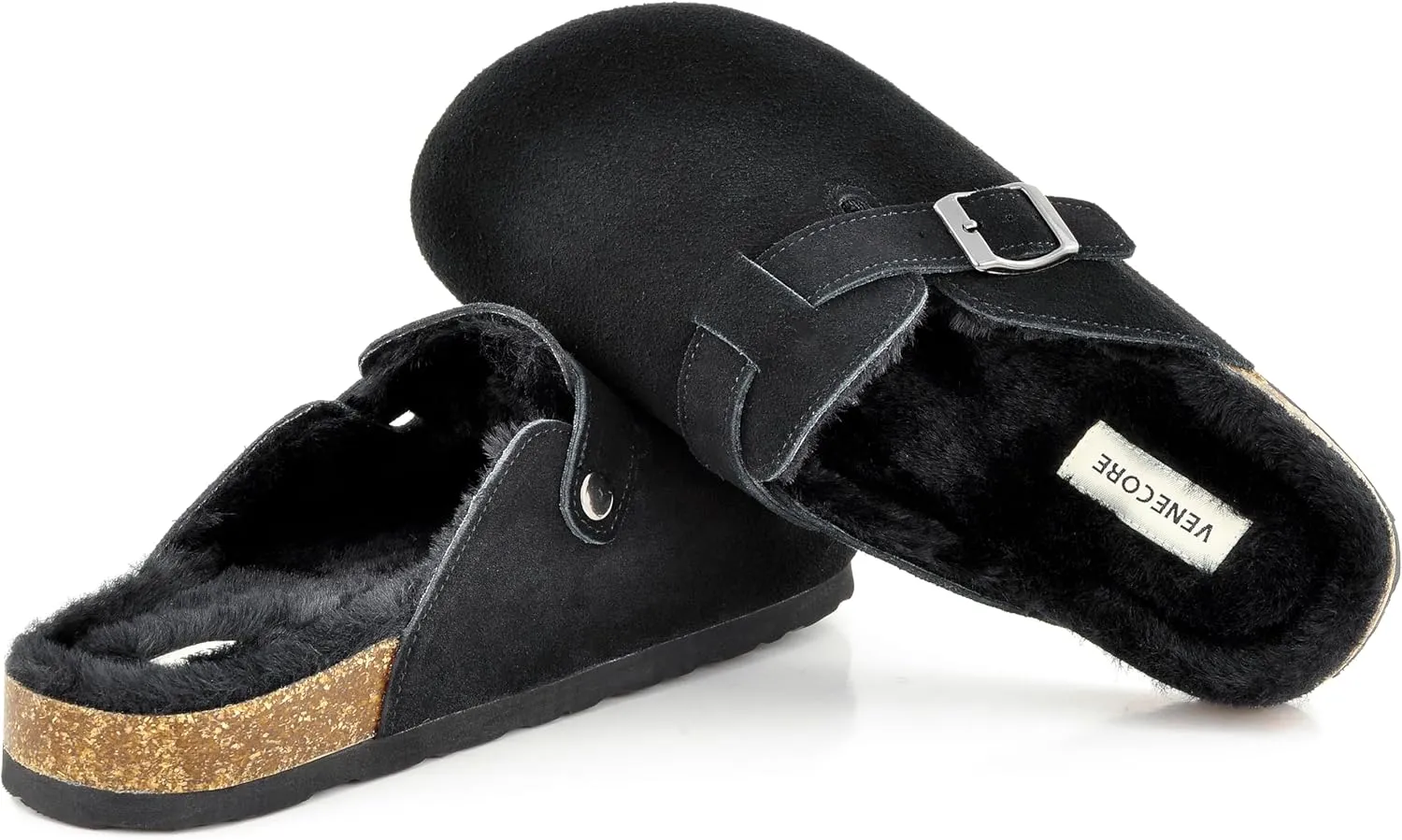 Erica Women's Cork Footbed Clogs Genuine Soft Suede Fuzzy Faux Fur Lined Comfort Cushioned Mule Slide Shoes